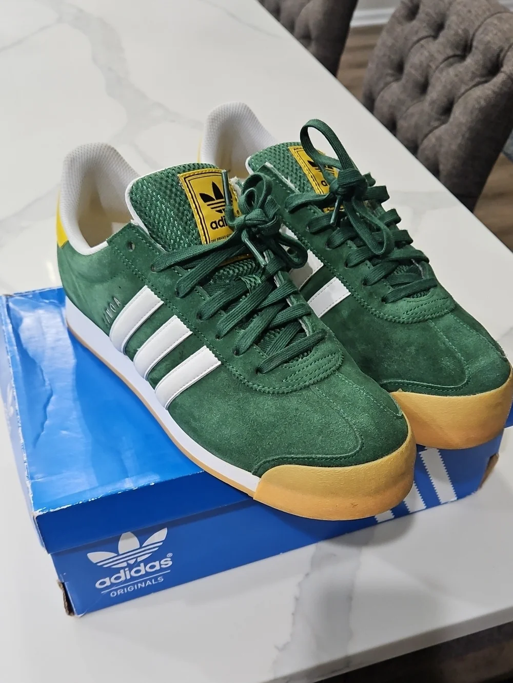 adidas Originals Green Suede Sneakers with White Stripes and Gum Toe
